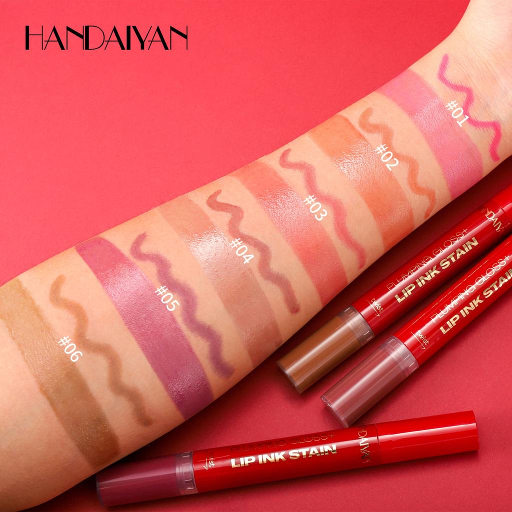 6-Farben Doppelkopf Flüssiger Lippenstift Stift Lipliner Leicht zu Färben Nicht-haftender Becher Mattes Lippenöl Zwei-in-Eins Lippenstift Stift Gesichts-Make-up