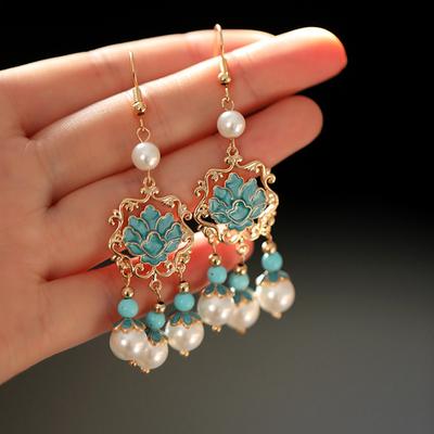 New Chinese Style Oil Drop Lotus Tassel Pearl Ear Hook Hanfu Cheongsam Accessories Travel Photography Earrings Exquisite High-end Earrings