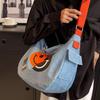 2024 New Korean Style Women's Denim Crossbody Bag: Artistic Smiley Face Canvas with Wide Shoulder Strap