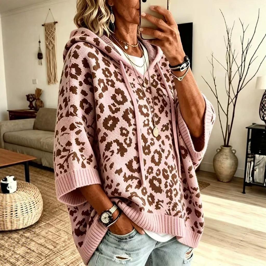Leopard print hooded sweater European and American sweater sweater drawstring knitted outer top knitted pullover hoodie