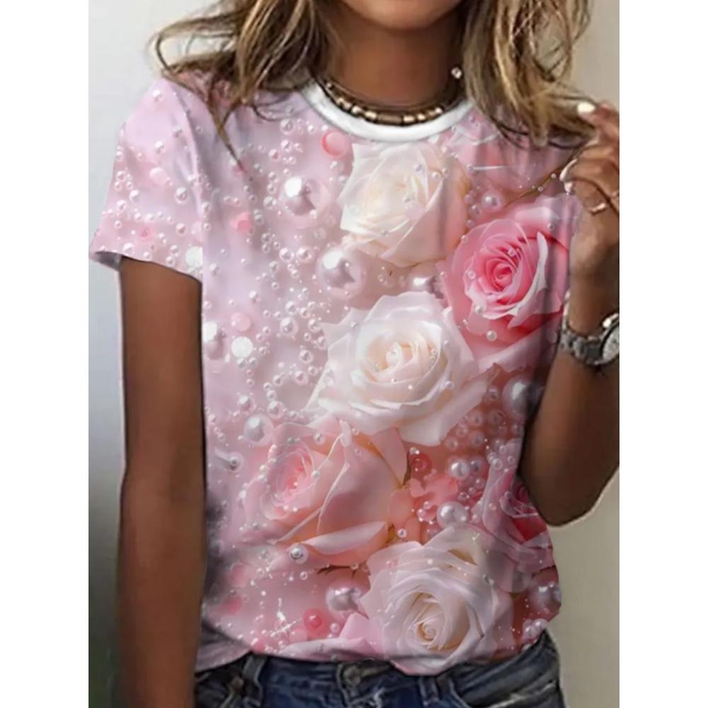 Summer Women T-shirt Creative Flower 3D Printed Short Sleeved T-shirt Fashionable Comfortable Soft Breathable Large Loose T-shirt