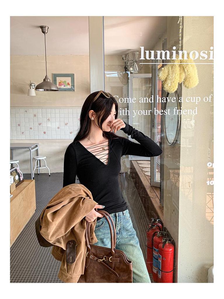 Women's Lyocell Tencel Wool Lace-up V-Neck Slimming Base Layer Top for Autumn/Winter