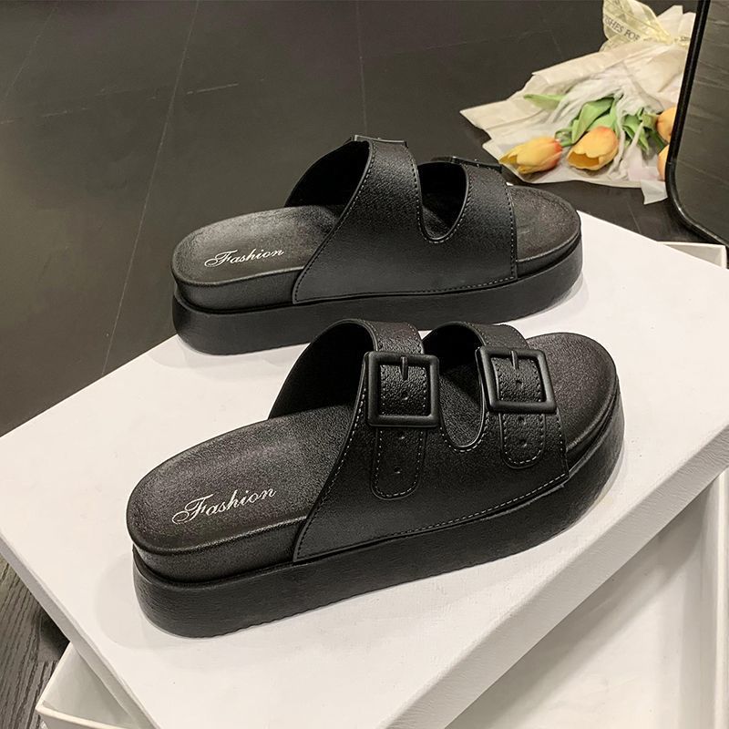 Indoor non-slip one-word drag muffin bottom Internet celebrity slippers 2025 summer Korean version heightening casual beach shoes women's outer wear