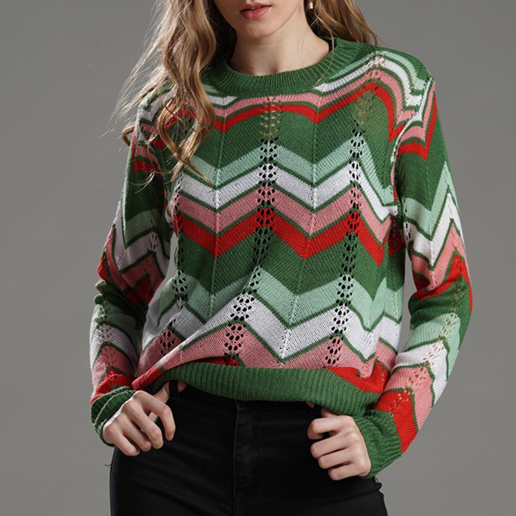 Women's Fashion Sweater With Loose Stripes And A Knit Round Neck