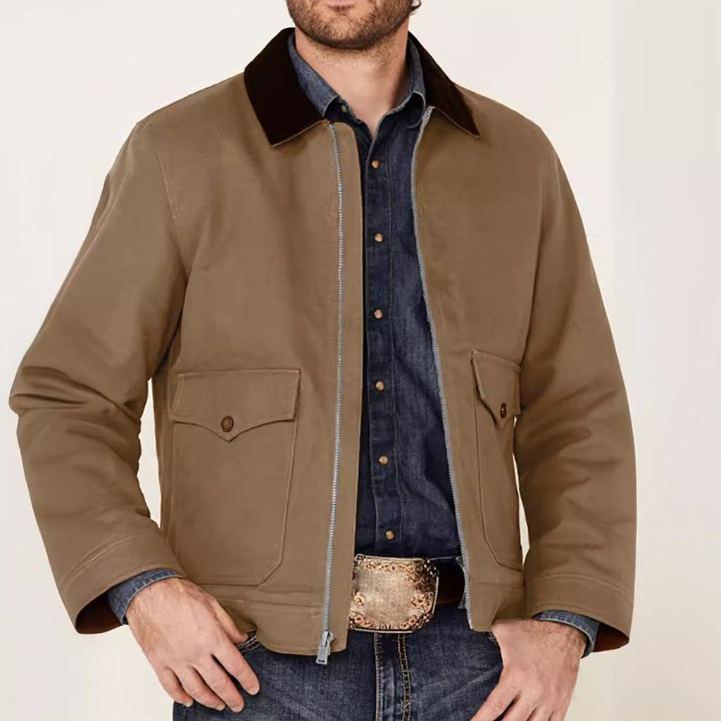 Men's Lapel Zipper Casual Jacket With Colorblock Collar And Large Pockets Long Sleeves