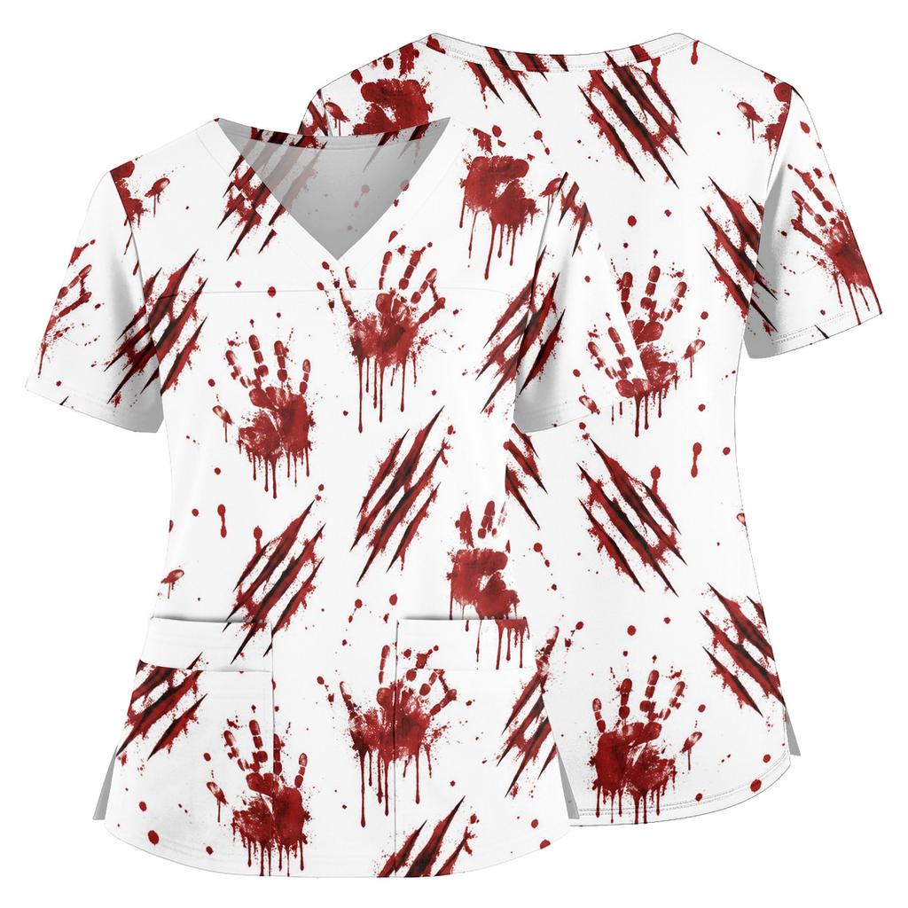 Women's Halloween Print V Neck Medical Scrub Top with Pockets Side Slit Short Sleeve Nurse Uniform Shirt for Healthcare Professionals