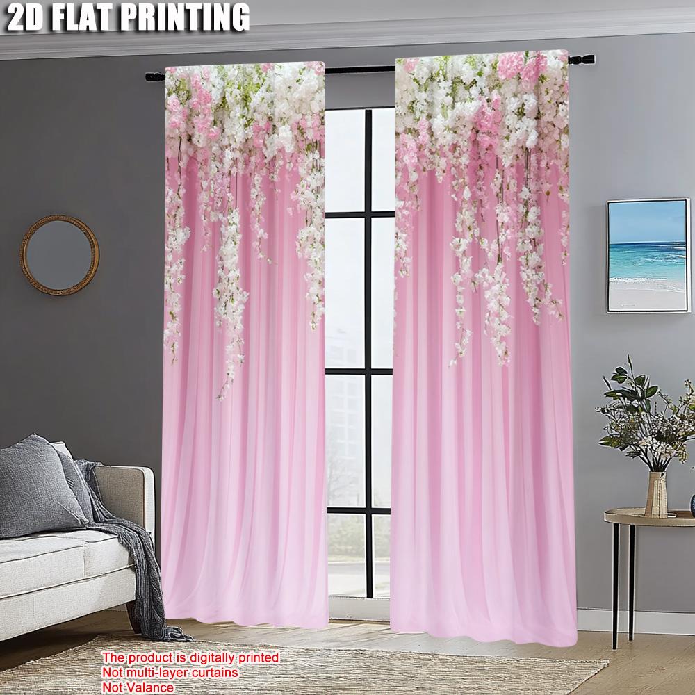 Set Of 2 Creative Curtains Print Lush Pink White Flowers Green Foliage Durable Polyester Without Rod Holiday Ldeal Made