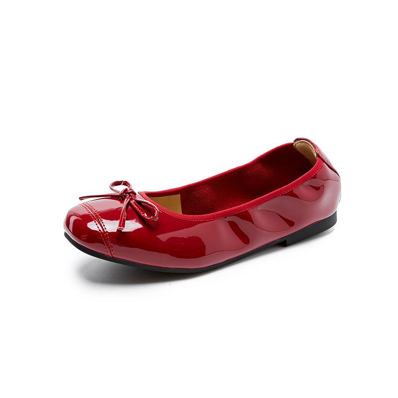 Autumn patent leather small single shoes women, bow lace-up small leather shoes one pedal large size Doudou shoes