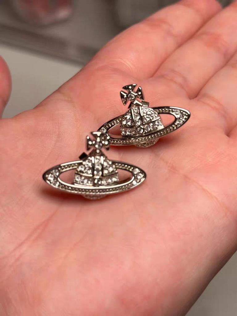 Classic Saturn Stud Earrings: Westwood-Style Full Diamond Planet Design