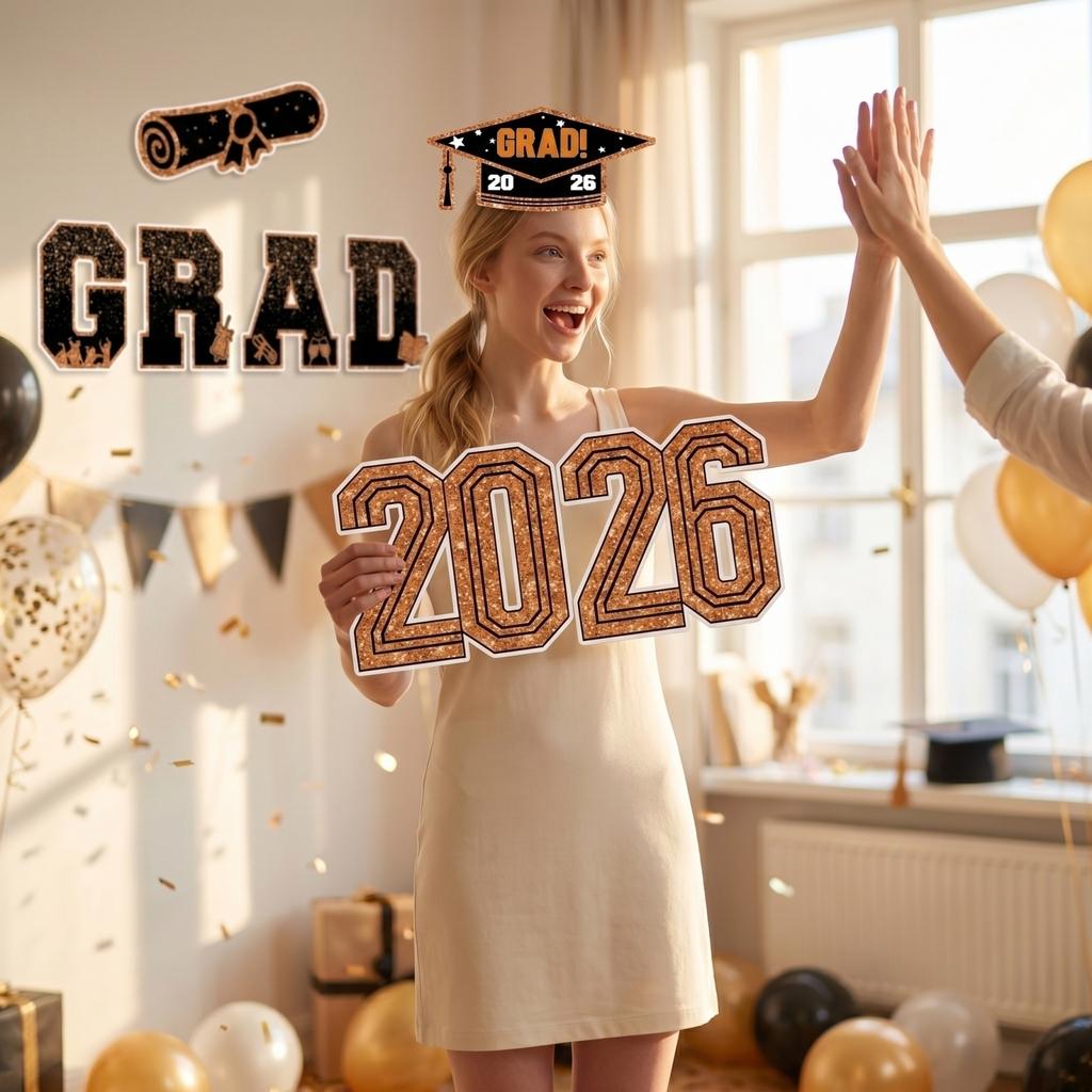 2026 Graduation Decorations, Patio Signs With Stands, 2026 Glittering Plastic Patio Signs For College Graduation Parties