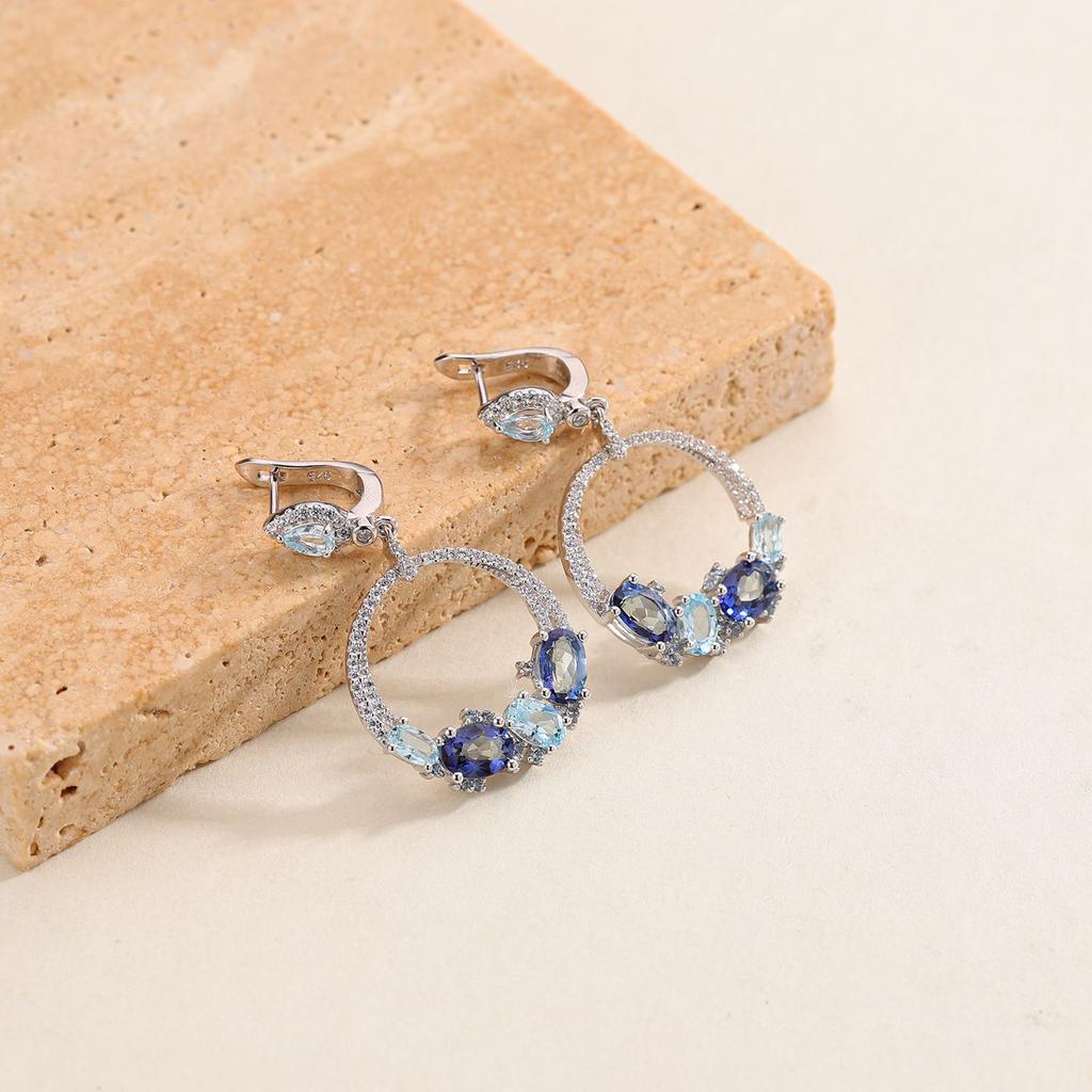 Boucles d'oreilles créoles de style célébrité Internet de style européen et américain boucles d'oreilles topaze naturelle boucles d'oreilles en argent sterling S925 avec pierres précieuses