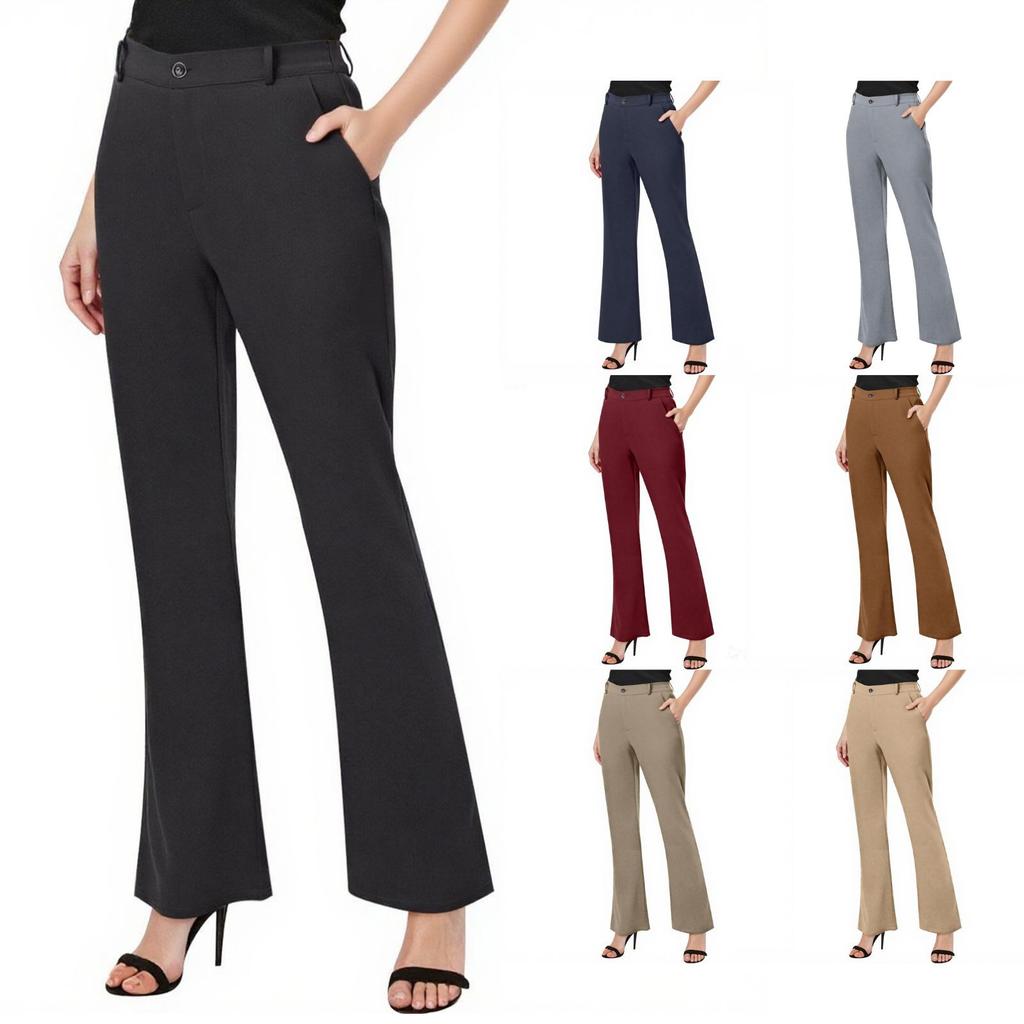Womens Dressy Pants Work Straight Leg Pants Casual Bell Bottom With Trousers Pockets