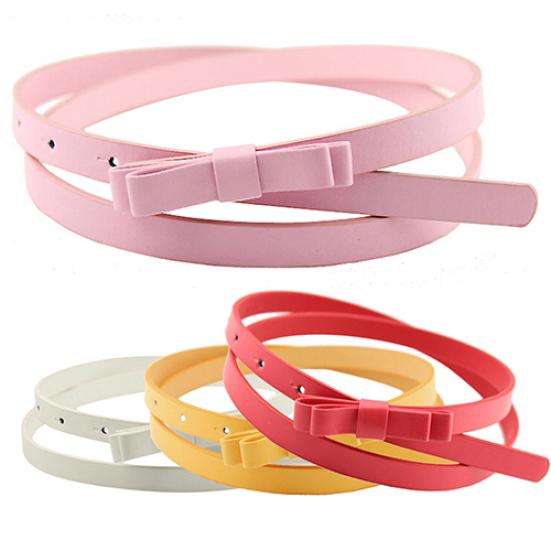 Women's Candy Color 2 Layers Bowknot Thin Narrow Belt PU Leather Waistband Strap