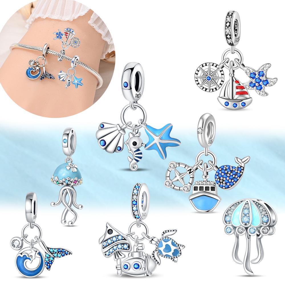 Summer New Products Copper Plated Ocean Theme Seahorse Sailboat Starfish Dangle Charm Fit Original Bracelet Jewelry Gifts