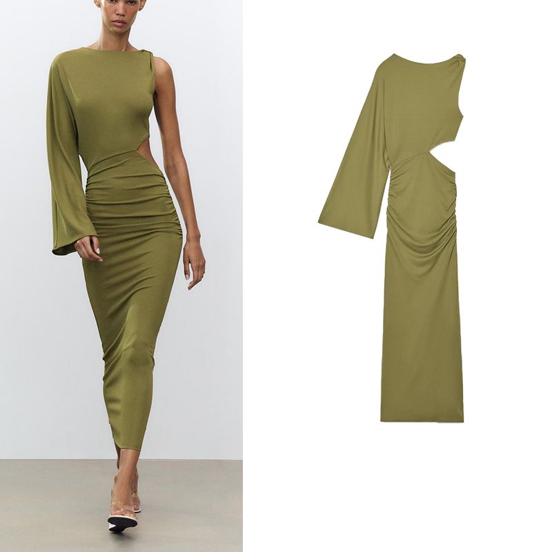 Spring and Summer Women's Clothing Ruched One Shoulder Asymmetric Design Vertical Cut Out Decoration Mini Dress 5039328