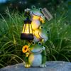 Gestapelte Frosch-Gartenstatue mit Solar-Laterne & Willkommensschild - Outdoor-Terrassendekoration, Frosch-Dekoration aus Harz für Garteneingang