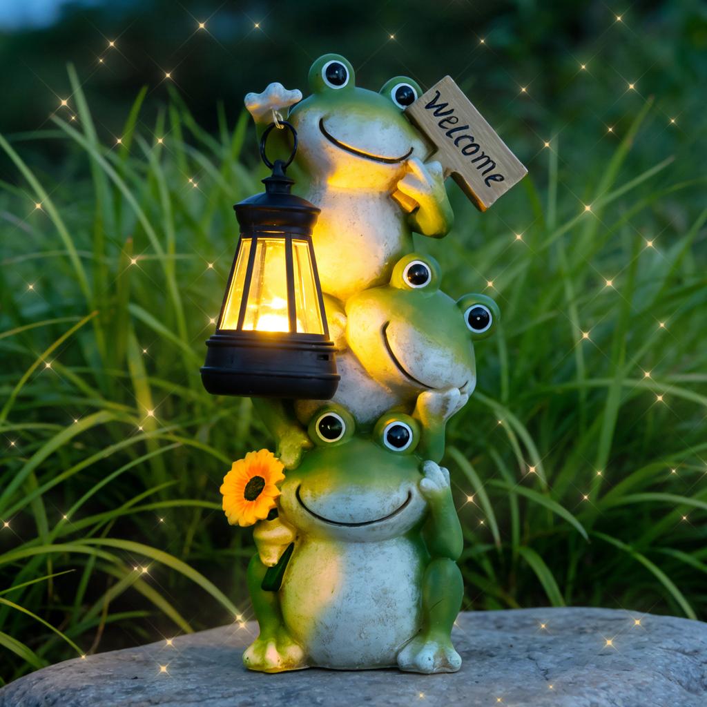 Gestapelte Frosch-Gartenstatue mit Solar-Laterne & Willkommensschild - Outdoor-Terrassendekoration, Frosch-Dekoration aus Harz für Garteneingang
