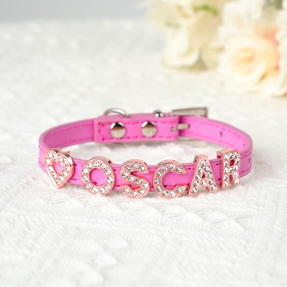 

Personalized Cat Collar PU Leather Puppy Kitten Collars Free Custom Bling Rhinestone Name Charms Necklace For Cats Small Dogs 18-25cm ярко-розовый