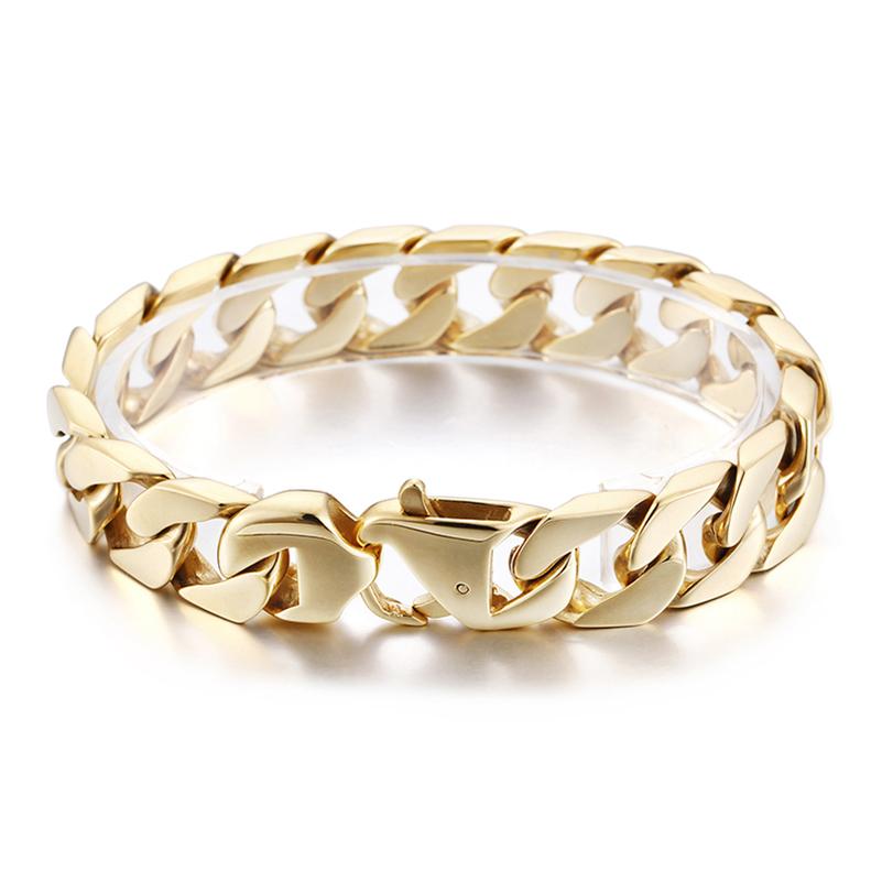 15MM Width Miami Curb Cuban Chain Bracelet For Men Luxury Gold Color 316L Stainless Steel Classic Male Jewelry Gift Wrapped