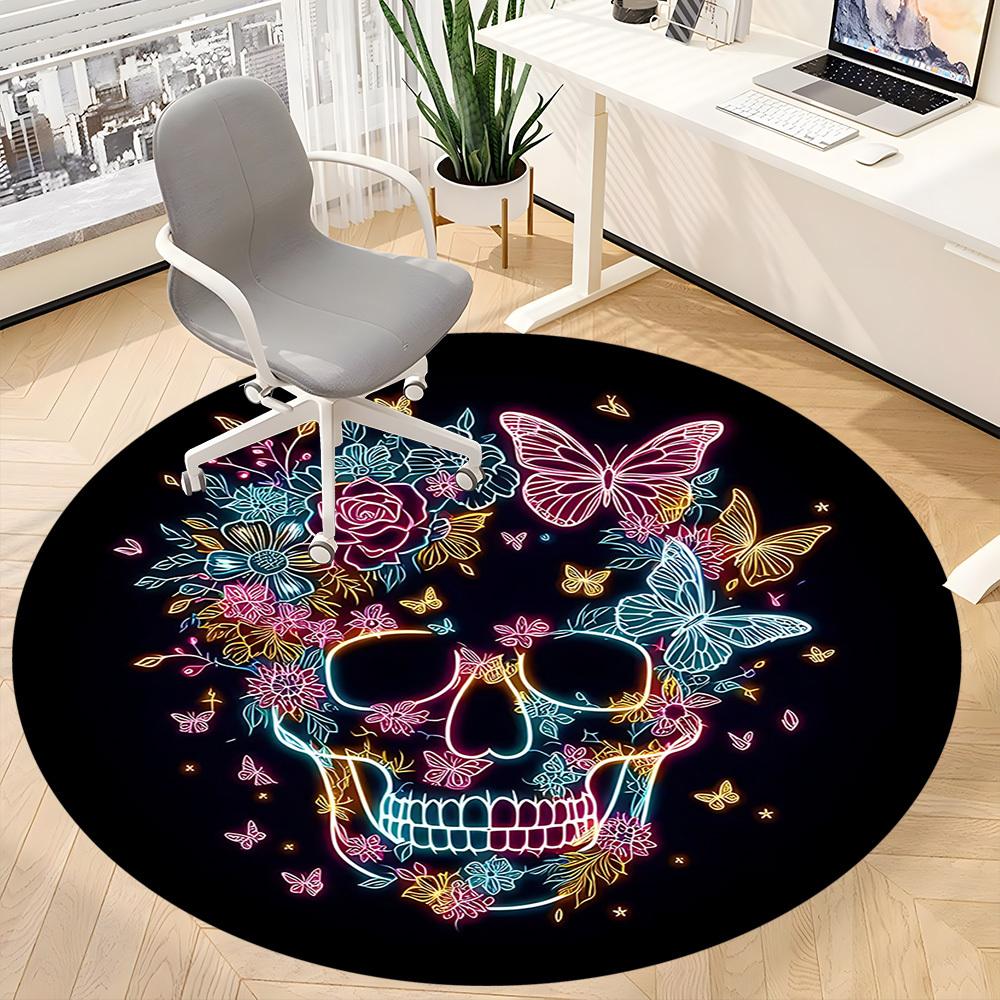 1pc Neon Skull Floral Design Chair Carpet for Office, Round Non Slip Durable Large Size Office Carpet, Suitable for Office