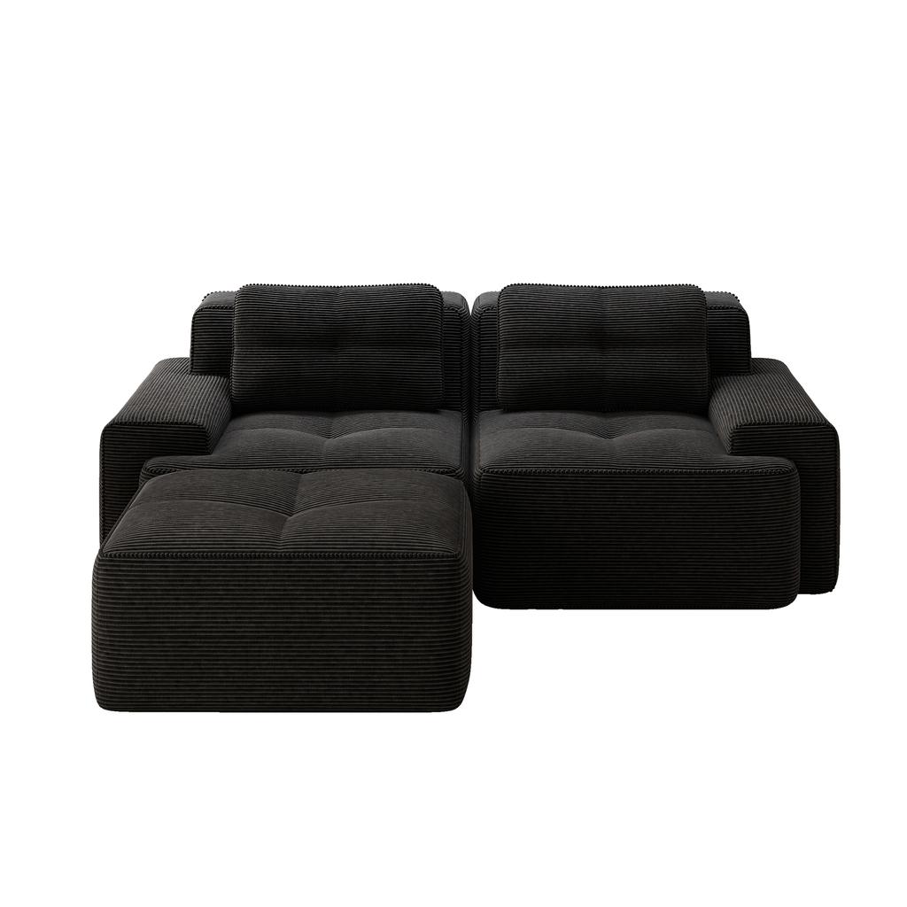 Knochenloses, Modernes L-förmiges Modulsofa für das Wohnzimmer mit tiefer Sitzfläche, Bequemes Cord-Wolkensofa mit Hocker, Geknöpftes Zweisitzer-Schlafsofa, Schwarz