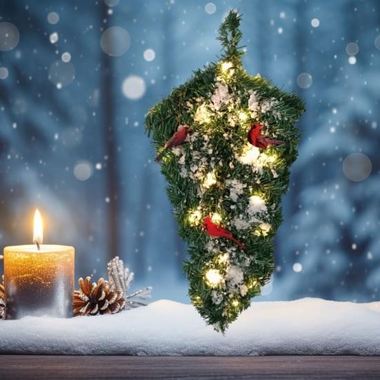 Yousheng Artificial Christmas Teardrop Swag 20" Faux Pine Greenery Teardrop Wreath with Fake Snow And Red Birds Ornament for Xmas Door Fireplace Table