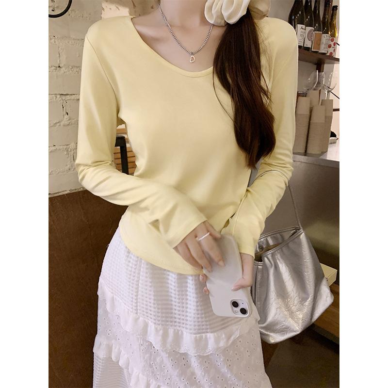 American white u-neck collarbone exposed long-sleeved T-shirt for women in early autumn pleated waist short pure desire bottoming shirt small top
