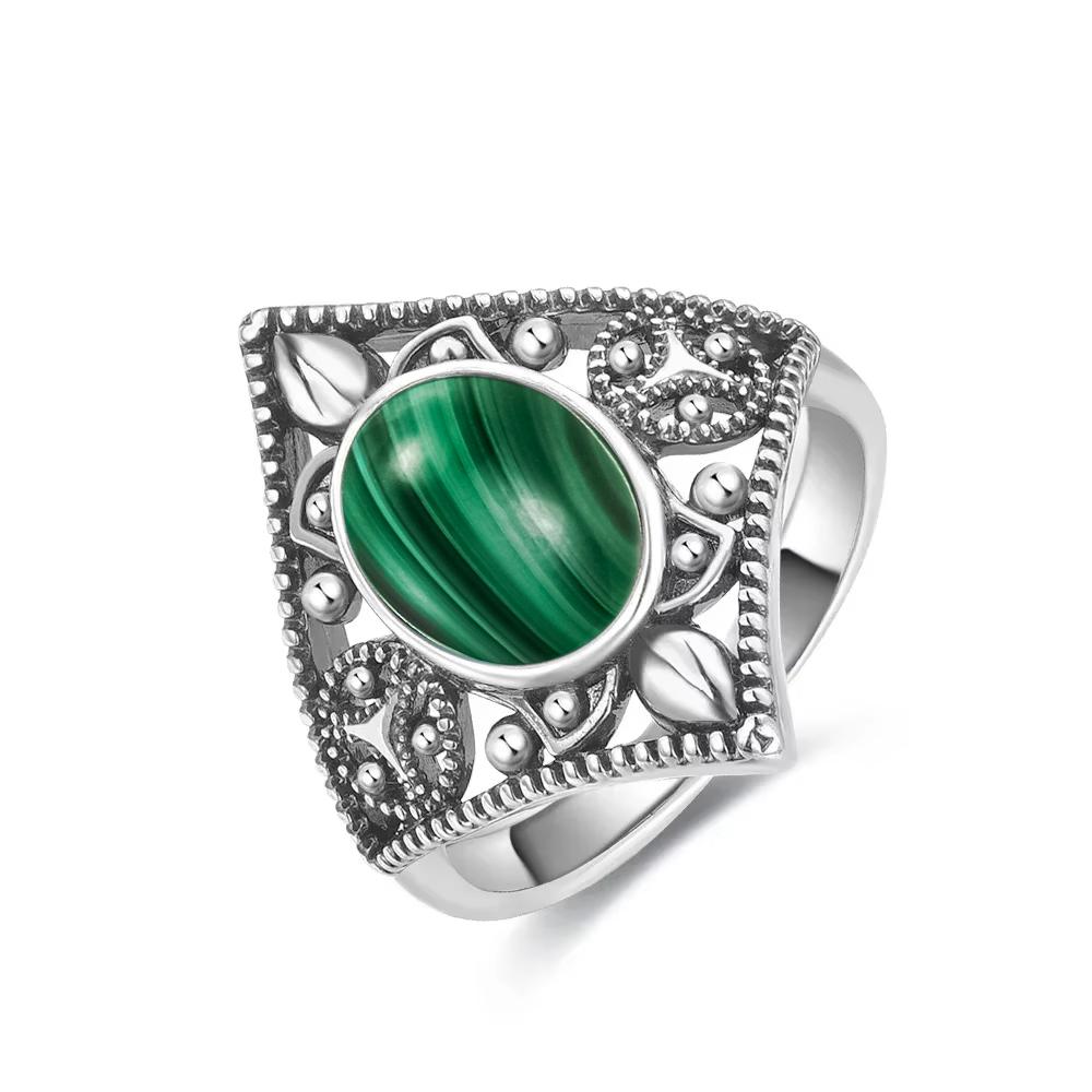 Vintage S925 Silver Ring Oval Round Natural Malachite Ring Sun And Flower Shaped Retro Fine Jewelry For Women Men