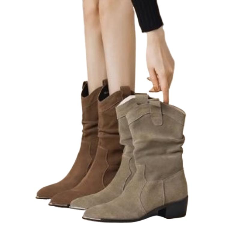 Long Boots Women's New Frosted Retro High Boots for Fall/Winter  with Pointed Toes and Chunky Heels