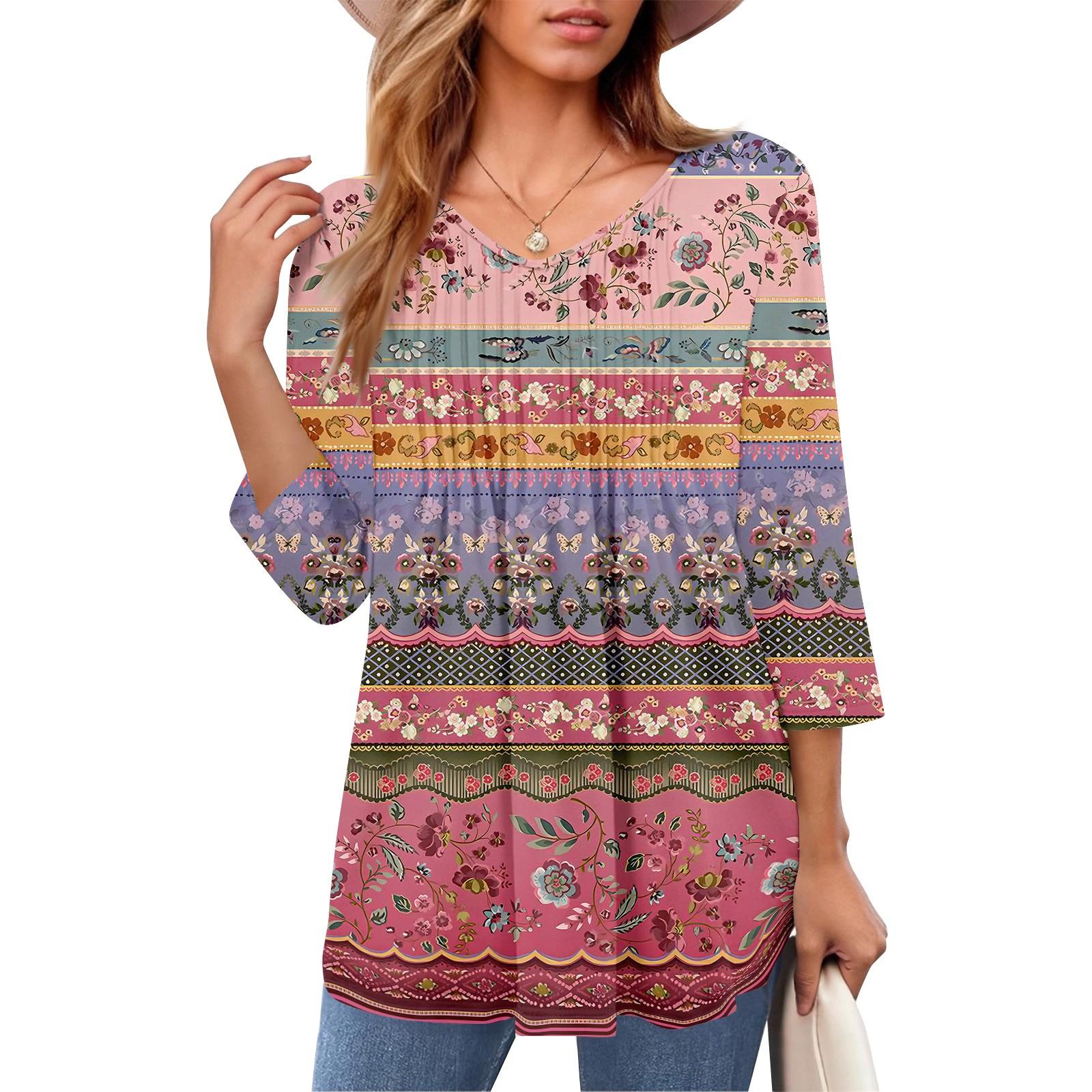 

Женские топы с V-образным вырезом и рукавом три четверти в полоску, плиссированные, повседневные, летние, модные, рубашки XL винный