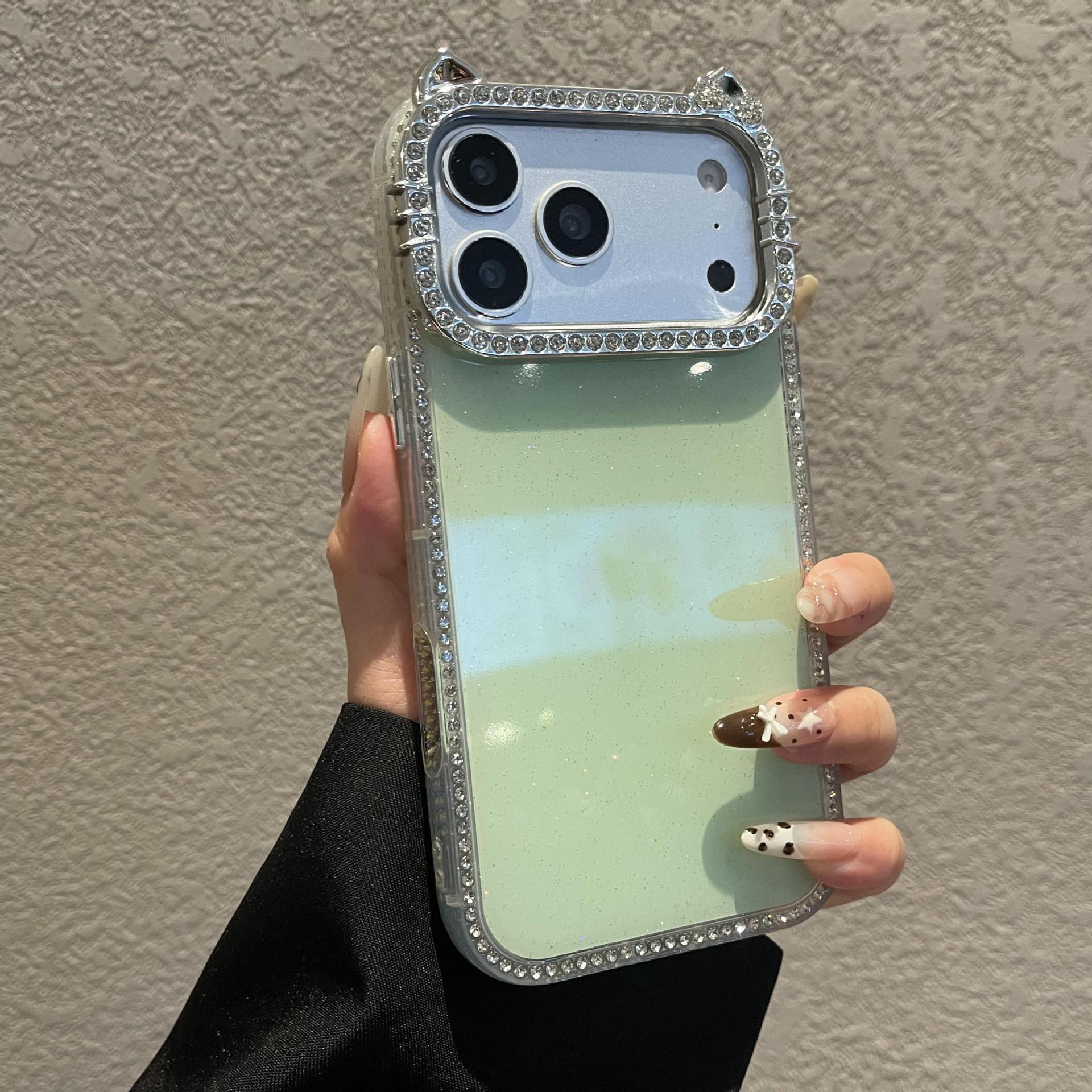 

Matte Rhinestone iPhone 17 Case with KT Ears & Glitter, Fits Apple 16 Pro Max, 15 Protective Cover iPhone 12 Pro зелёный