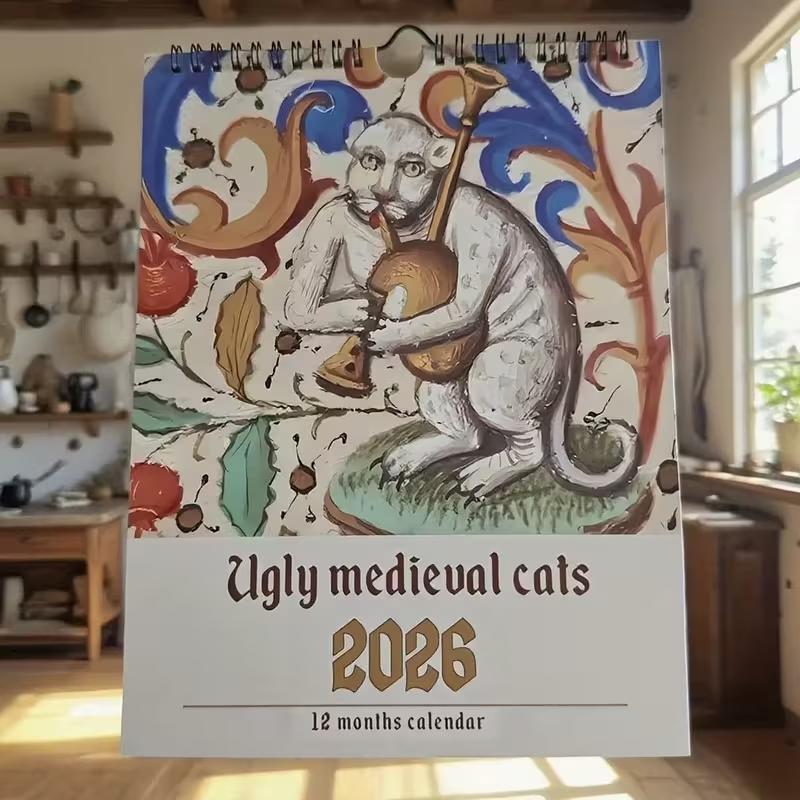1pc 2026 Ugly Medieval Cats Calendar - Vintage Gothic Hanging Wall Calendar - Home Office Decor - Birthday Gift for Cat Lovers