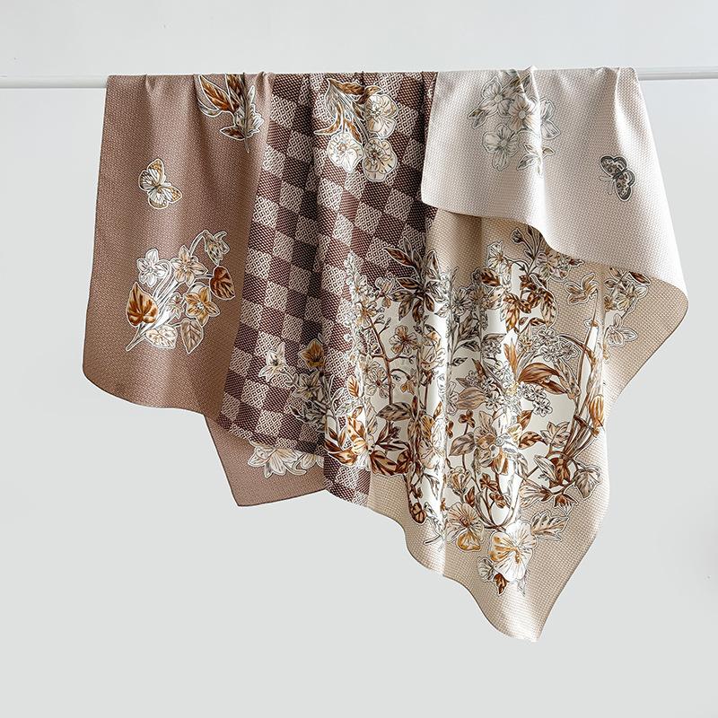 European and American style new flower grid printing silk scarf spring and autumn literary and artistic style atmosphere temperament twill square
