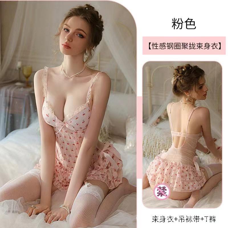 Sex underwear sexy pure desire cute cherry pajamas small chest steel tray gathering nightdress set