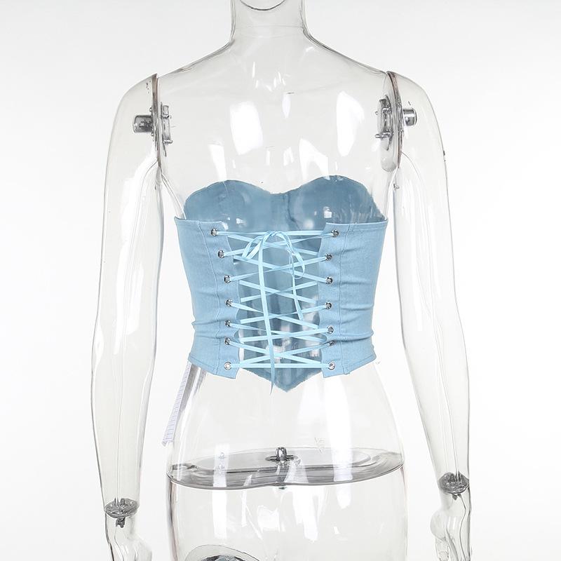 Top tubo de mezclilla sintética con copas para el busto a la moda para mujer Faja Spice Girl Top con escote pronunciado