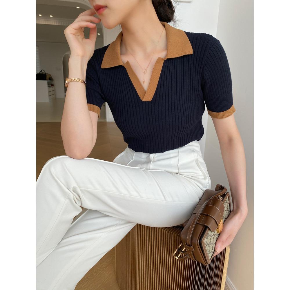 Kadın Yazlık Mizaç Slim Fit Kısa Kollu İnce ve Niş Tişört Üst için Fransız Polo Yaka Kontrast Renkli Örme Kazak