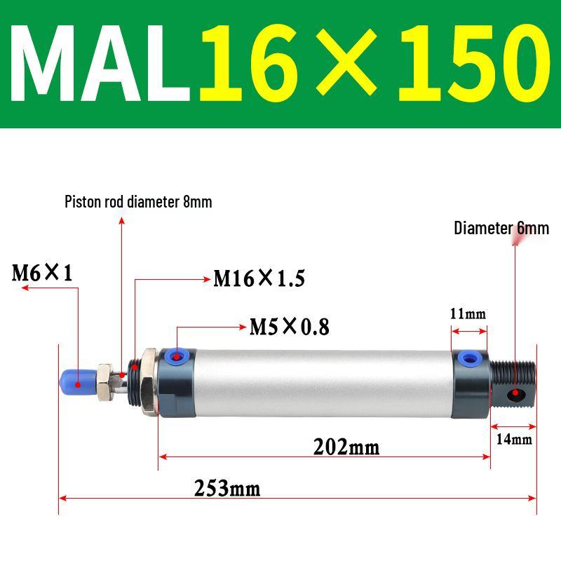 Mini Aluminum Alloy Pneumatic Cylinder - Round, Sizes 16/20/25/32/40 x 25/50/75/100/200
