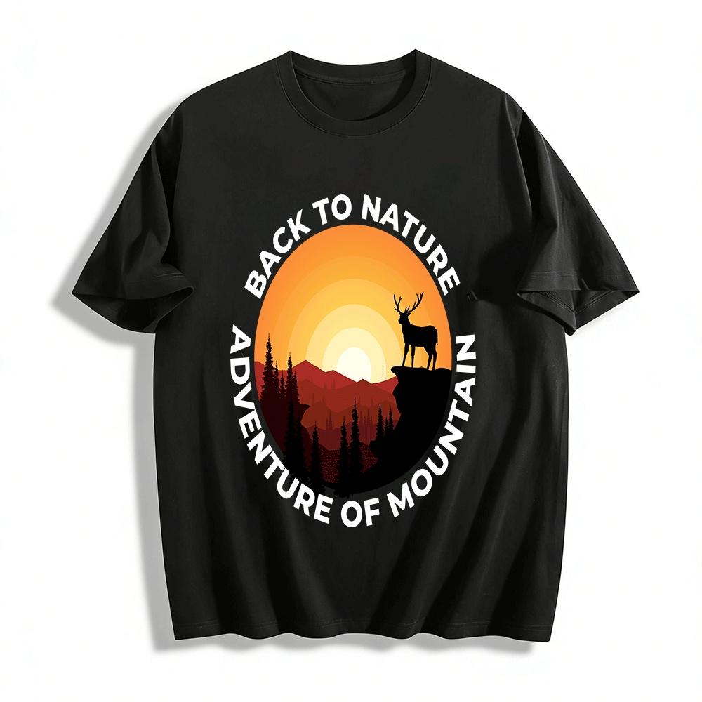 Vintage Outdoor Sunset Elk Silhouette Tee Mountain Landscape Print Top Pure cotton T-shirt XXS