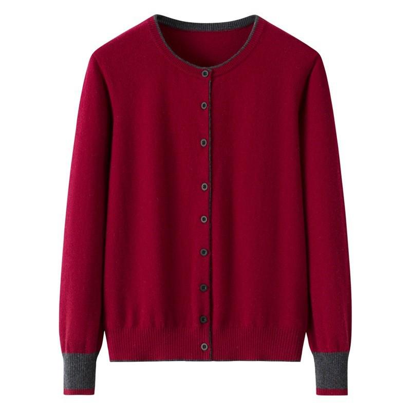 Early Autumn Women's Color Block Cashmere Cardigan - Round Neck, 9 Resin Buttons Sweater Coat