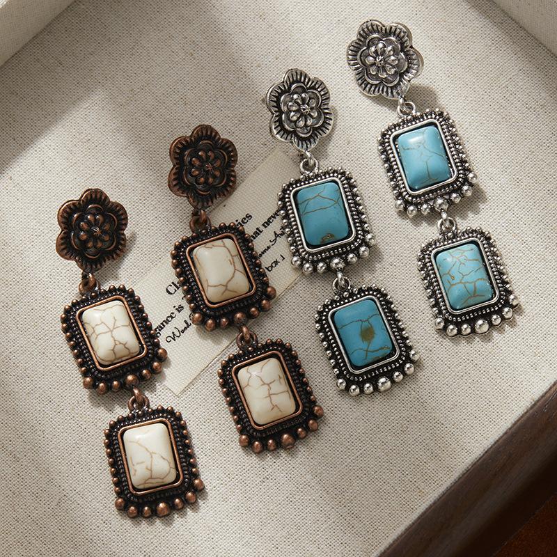 Flower Square Turquoise Earrings, High-End Retro Ethnic Style Earrings, Women'S Bohemian Style Earrings.