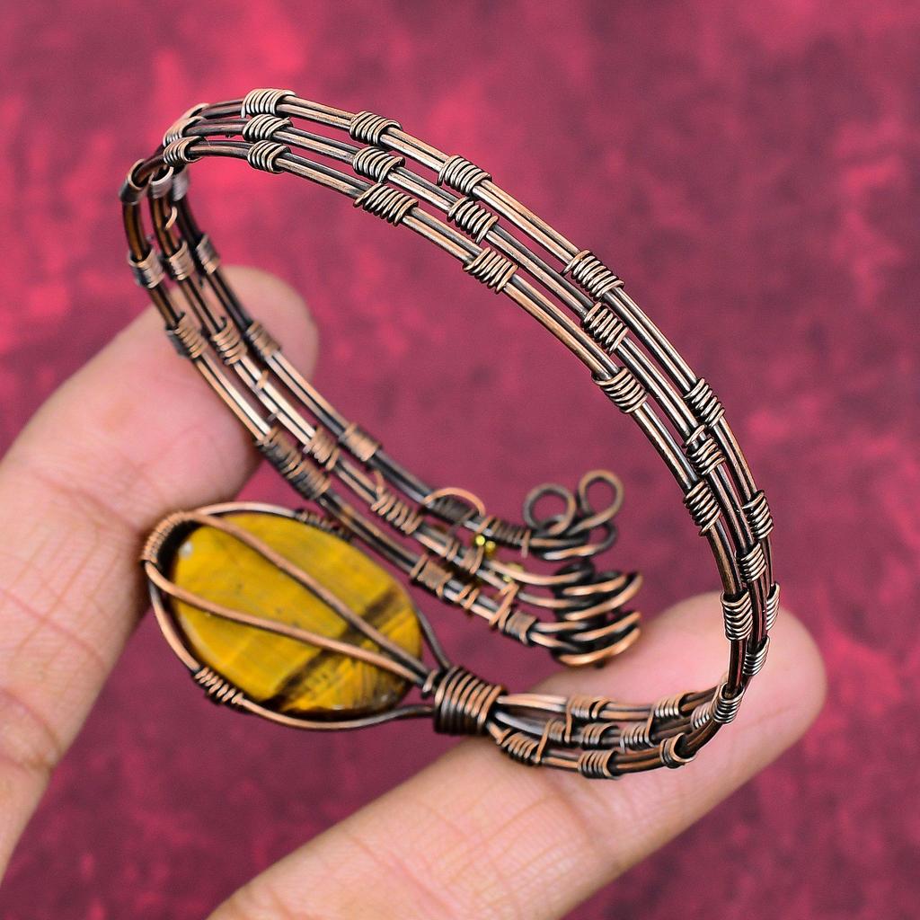 Tiger's eye bangle copper wire wrapped bangle handmade cuff bracelet tiger's eye natural gemstone jewelry adjustable bangle gifts for mother