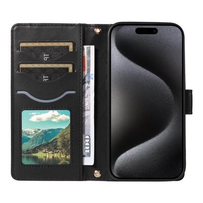 Capa para iPhone 15 Pro com Textura Xadrez em Couro, Capa de Telefone com Alça Transversal