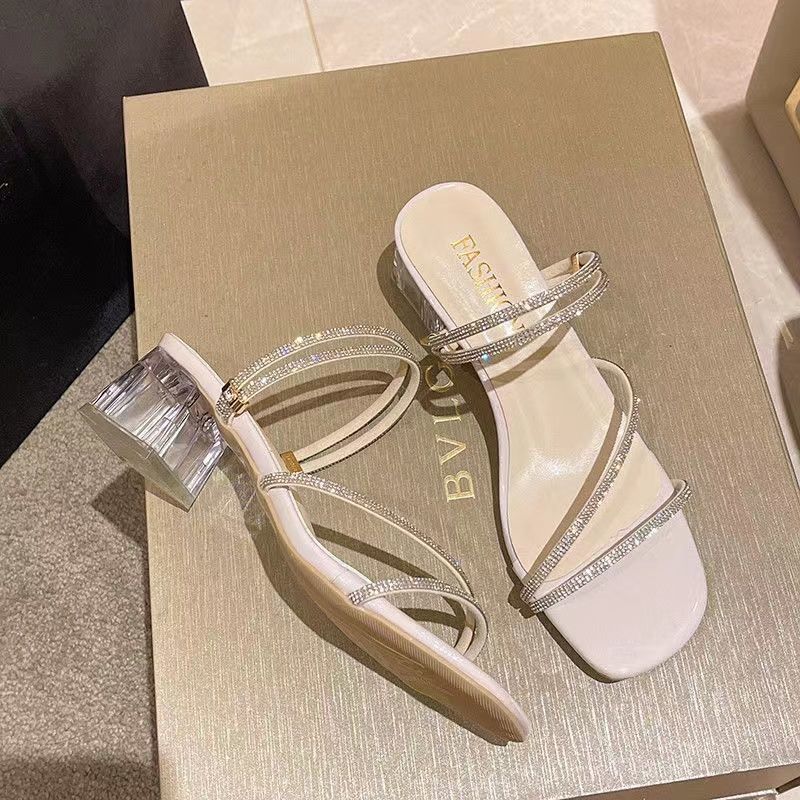 Two wear cool slippers, women's summer wear, new rhinestone crystal thick heel sandals, high heels