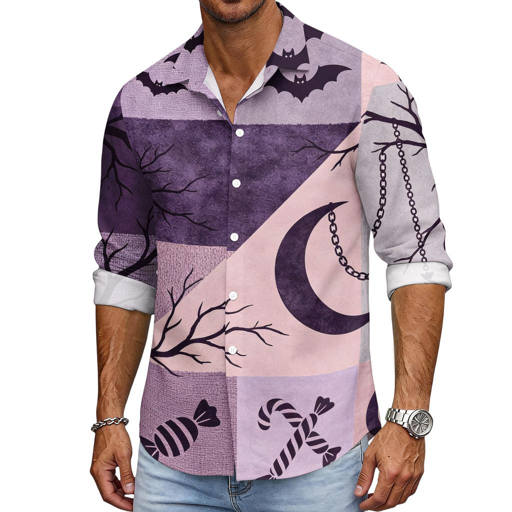 Men's Loose Fit Long Sleeve Shirt with Turn Down Collar Halloween Theme Vintage Casual Button Down Shirt for Spring Autumn Outdoor Daily Wear