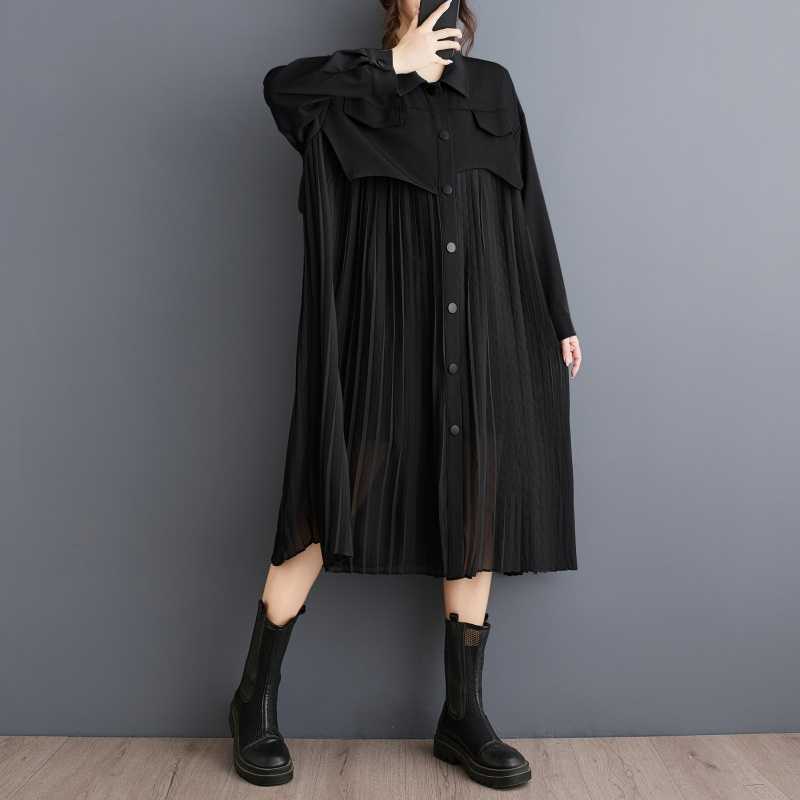 Niche Long Sleeve Loose Patchwork Pleated Dress