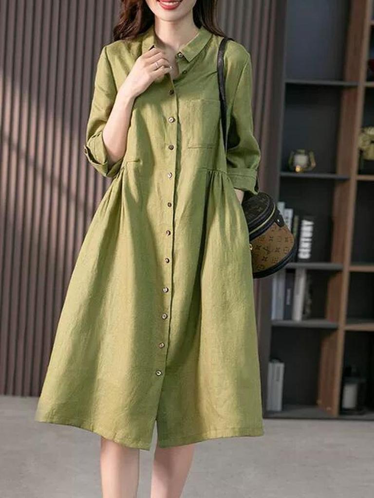 Elegant French Linen Shirt Dress, Trendy Minimalist Spring/Autumn New Slim Fit Solid Color Dress