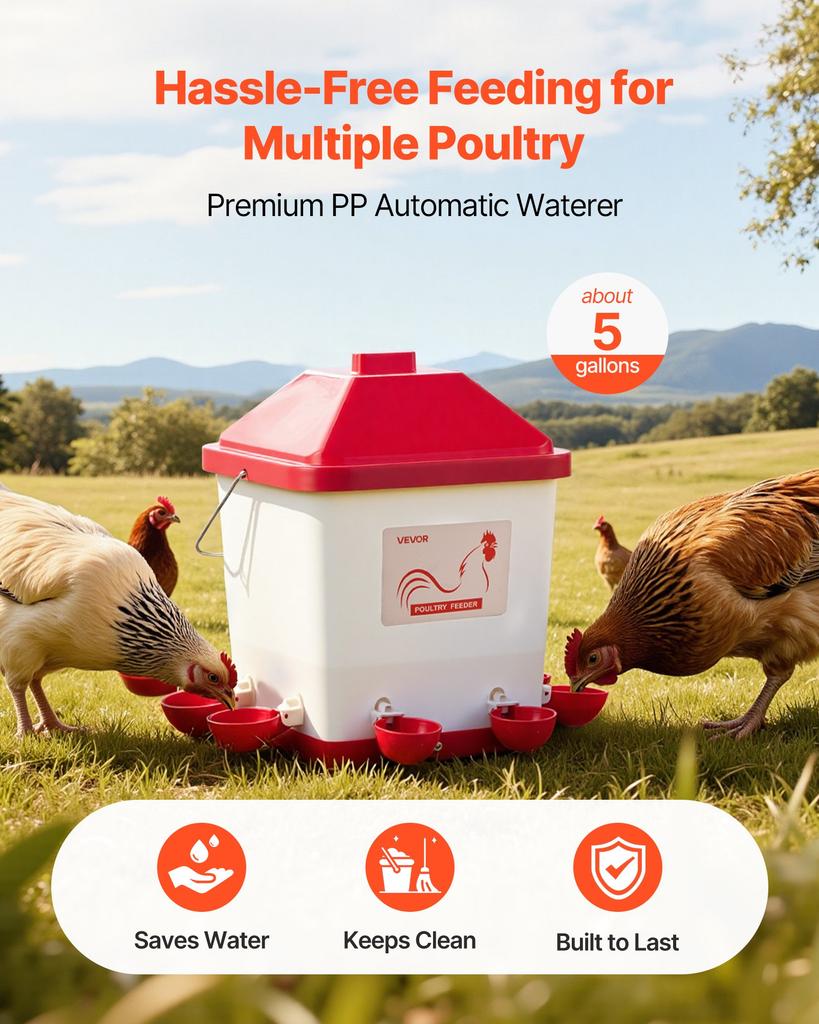 VEVOR 19L Automatic Chicken Waterer, 6 Water Ports, Automatic-Fill Water Cup, Automatic Gravity Waterer with Convenient Handle Sealed Rubber Ring