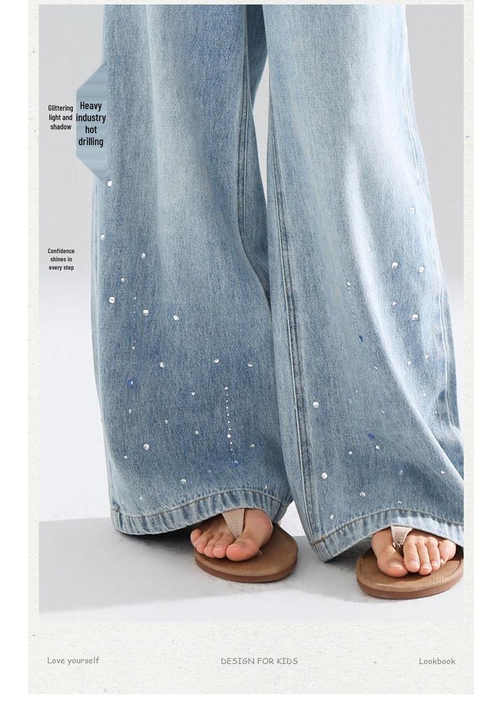 Summer Rhinestone Girls' Wide-Leg Jeans: Loose, Versatile, Straight-Leg Long Pants