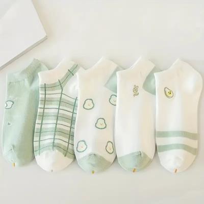 5 Paar Socken mit Cartoon-Print, süße, alltagstaugliche, niedrig geschnittene Söckchen, Strümpfe und Strumpfwaren für Damen