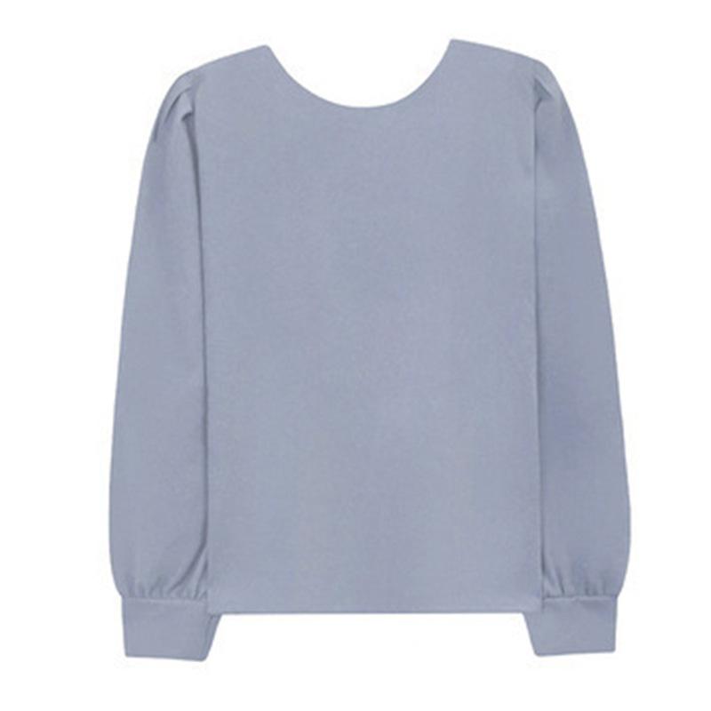 Korean Chic Autumn White Mist Haze Blue Round Neck Bubble Sleeve Top Loose Age Reducing Round Neck Long Sleeve Shirt for Women